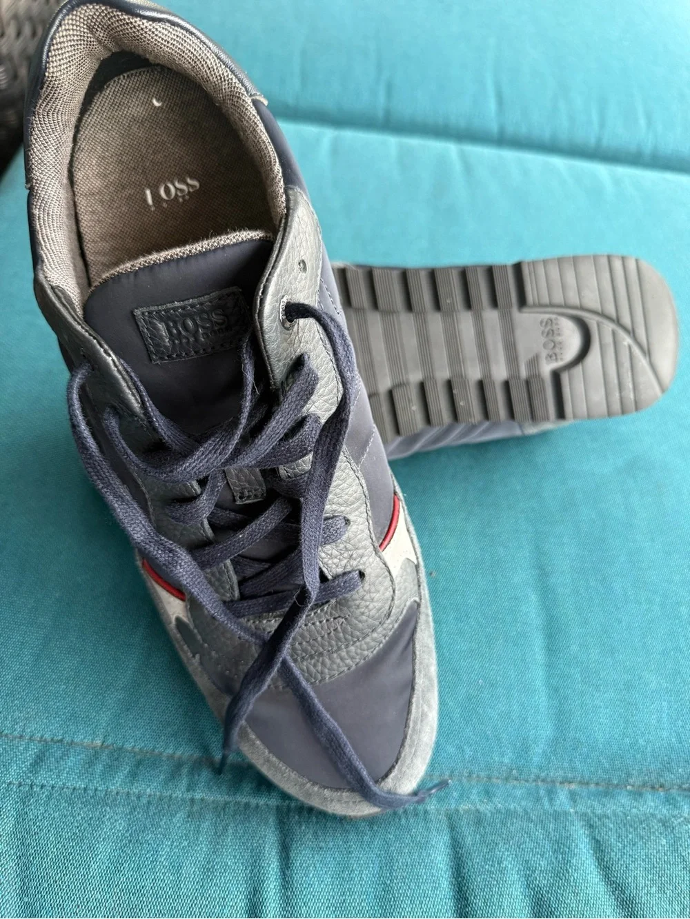 Boss Men's Navy and Gray Low-Top Sneaker with Red Accent